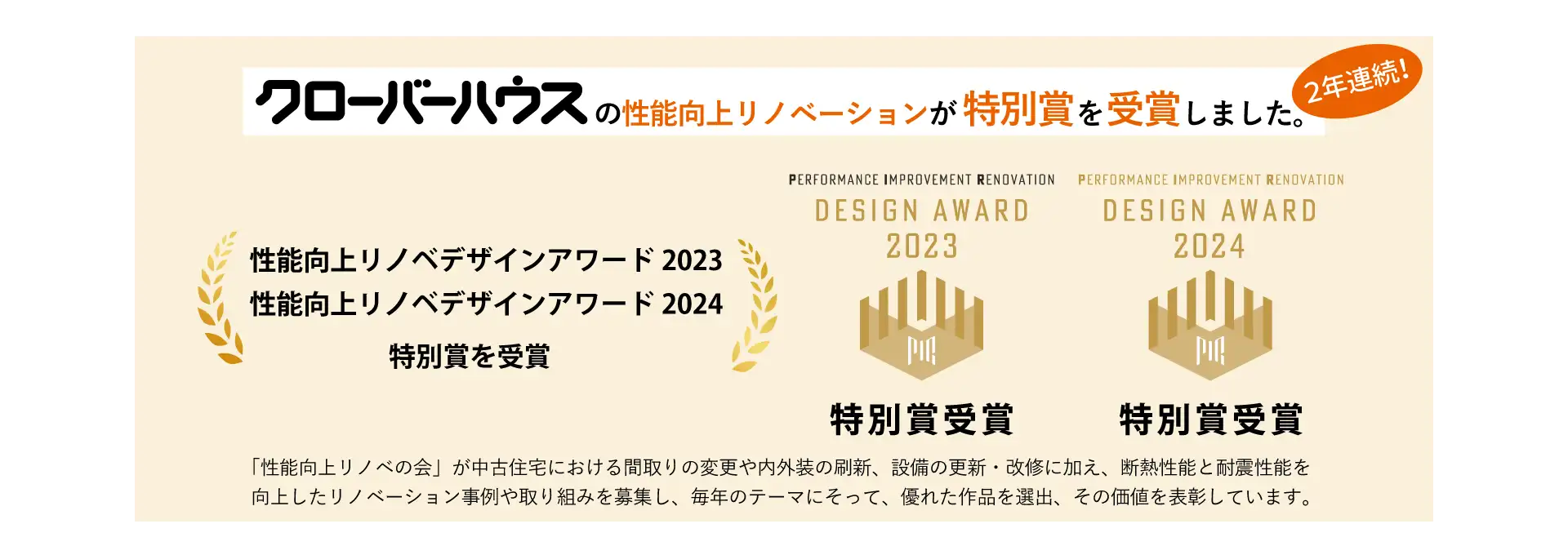 クローバーハウスの性能向上リノベーションが特別賞を受賞しました。2年連続。